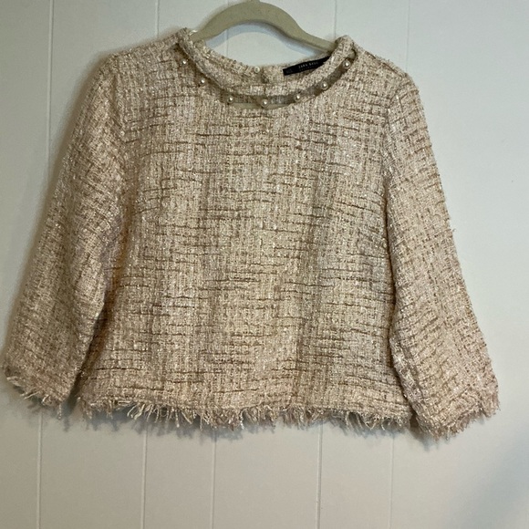 Zara Cream Tweed Top with Pearl Details - Picture 1 of 5